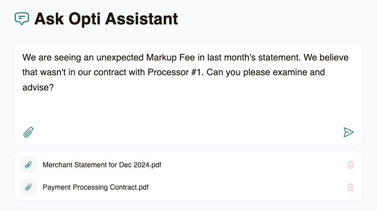 AI Assistant chat interface showing a conversation about markup fees